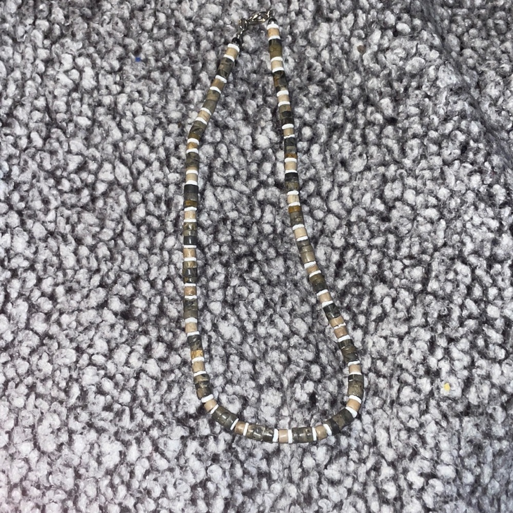 cute necklace/shades of grey/blue/ and brown